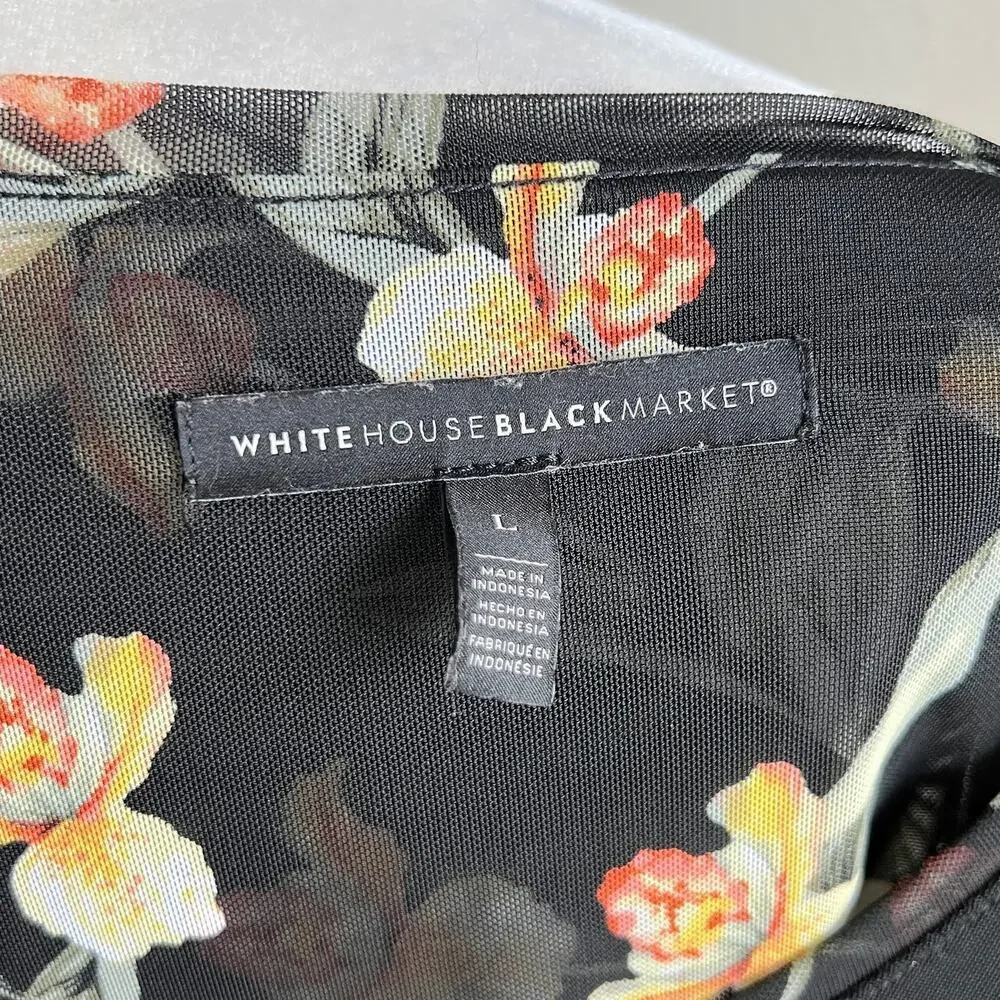 White House Black Market Black Floral Ruched Side Top Women's L Sheer Mesh Layer - Picture 7 of 8